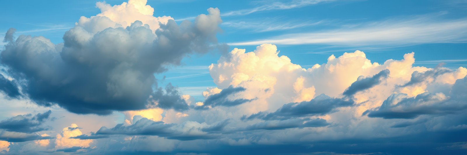 Large, white cumulus clouds dominate the sky, their edges softly lit by the setting sun